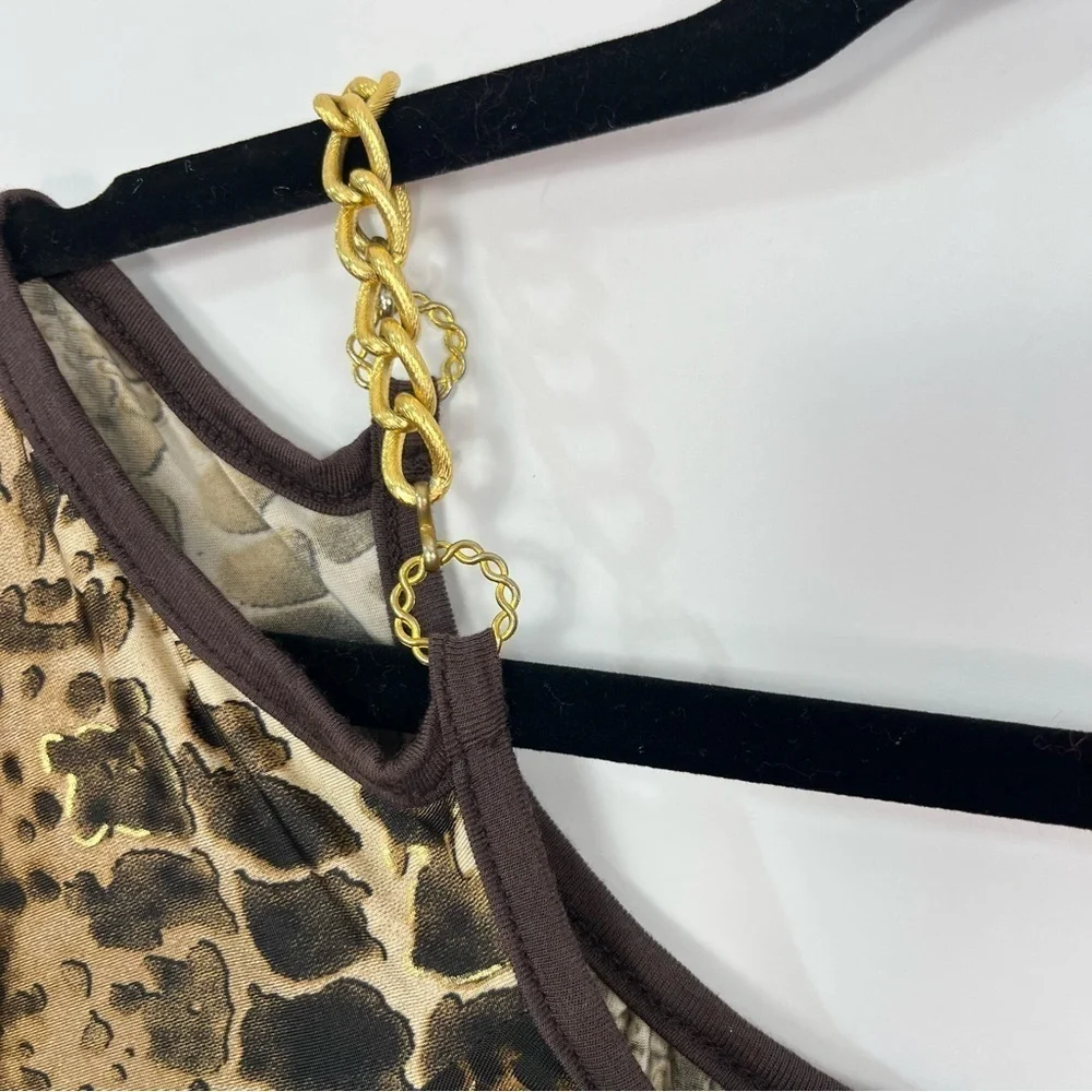 Brown Animal Print Cold Off Shoulder Blouse with Gold toned chain neck Sz Large